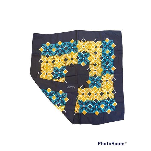 Vintage Jacques Piaget Silk Scarlette Geometric Blue Gold - Picture 2 of 4